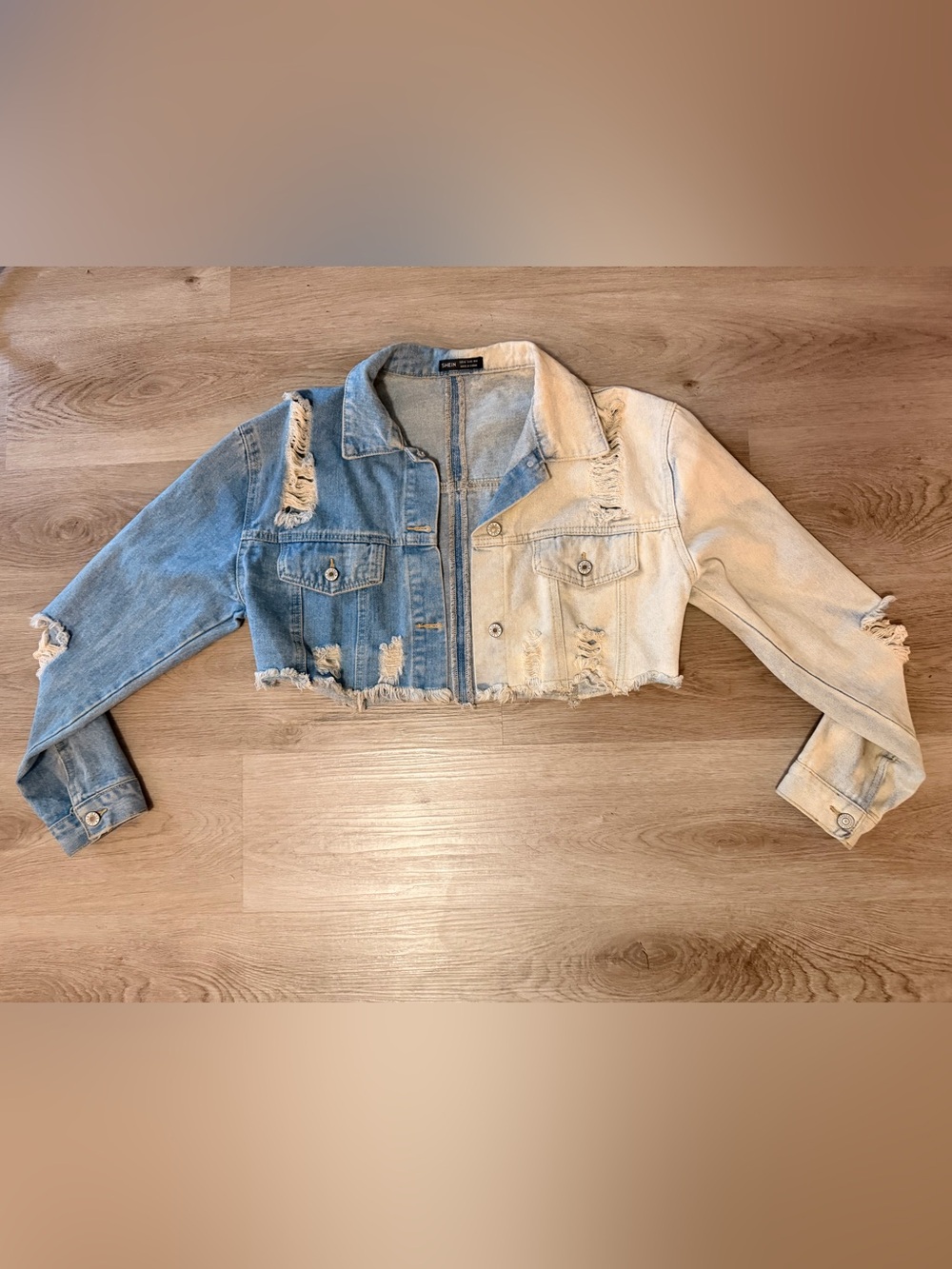 SHEIN Two-Tone Cropped Distressed Denim Jacket - Blue & Cream
